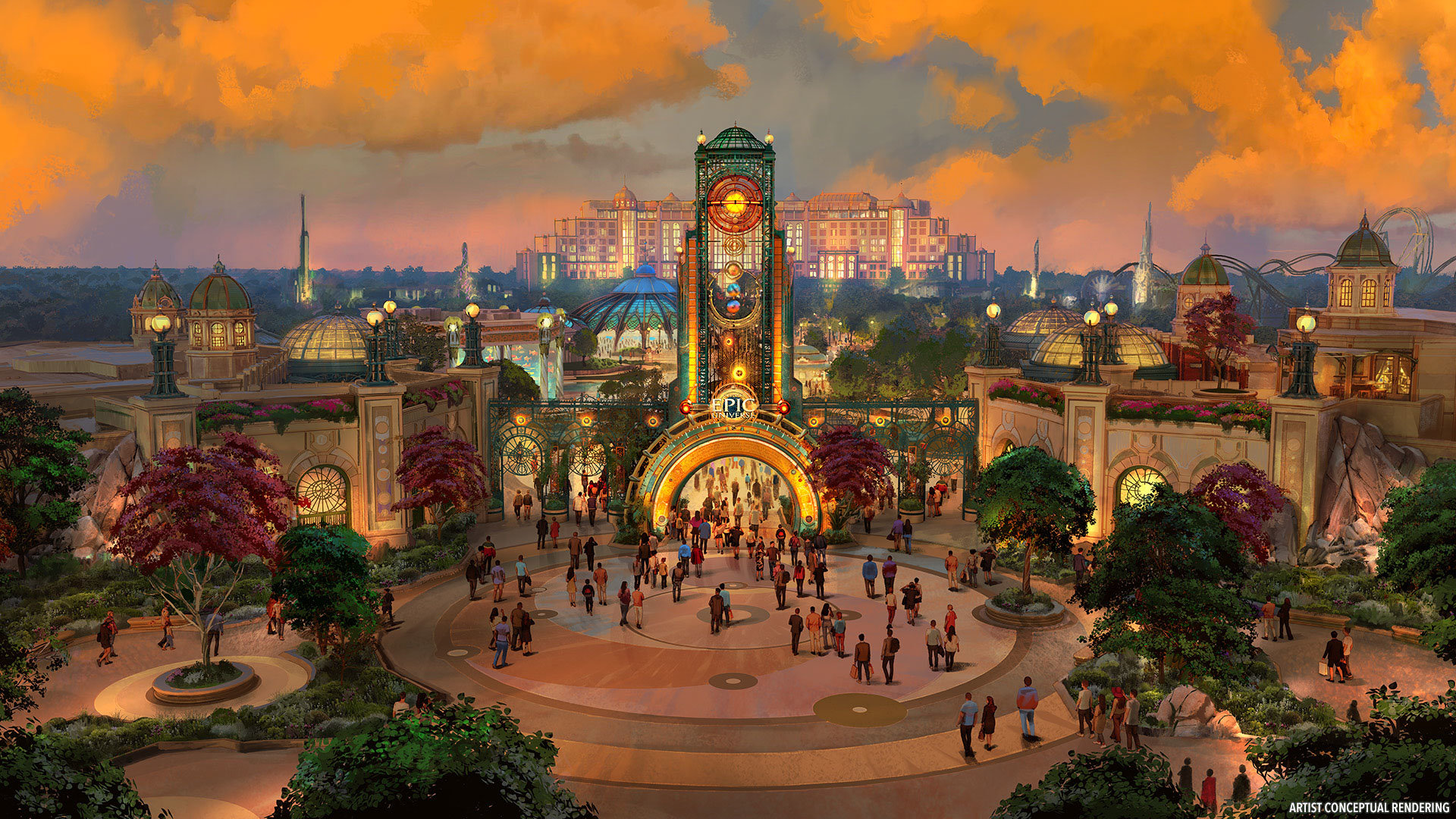 concept entrance to epic universe with main portal lit up in warm colors